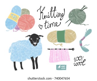 Knitting time. Hand drawn colored graphic vector set. All elements are isolated