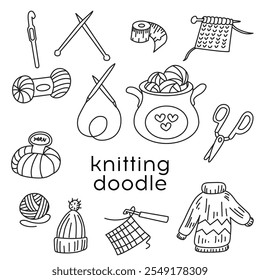 Knitting tools and clothes doodle set. Vector illustration