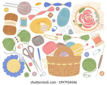 Knitting tools. Embroidery, sewing or crochet equipment. Wool yarns, knitting needles, buttons. Flat cartoon handicraft elements vector set. Basket with objects and colorful accessories