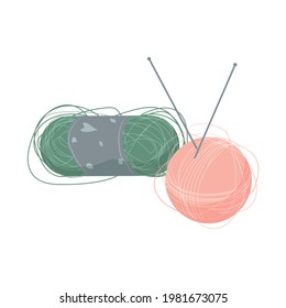 Knitting tools flat icon with two colorful yarn balls and needles vector illustration