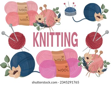 Knitting tools with flowers. Elements for banners and logotype designs