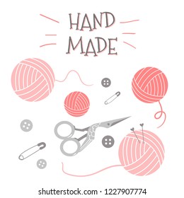 Knitting Tools: needles, yarns, scissors, pin, button. For knit crafts, hobby. Vector Set Illustration for handmade or Knitting with Ball of yarn icons. Needlework. EPS10.