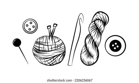 Knitting tools outline graphic icon set, isolated on white background simple shape, knitting hook, needles, yard, thread, buttons, pin, doodle print.
