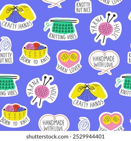 Knitting Tools and Quotes Seamless Pattern. Modern whimsical vector background with needlecraft handmade symbols and text. Playful wrapping paper wallpaper fabric textile