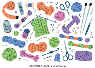 Conjunto de ferramentas de tricô, fio colorido, agulhas, tesouras, alfinetes e acessórios de agulha em ilustração vetorial plana. Estilo Doodle, ícones de desenhos animados modernos para projetos de artesanato, hobby e costura