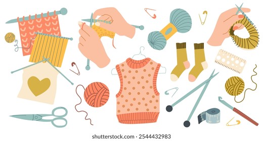 Knitting tools set. Hands are tied with a product. Ball of wool, Knitting needles and Knitted patterns collection. Excellent cozy hobby in home environment. Flat vector illustration.