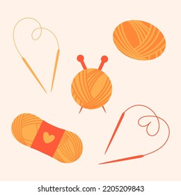 Knitting tools. Skein of threads for knitting warm winter clothes. Knitting kit. Vector illustration