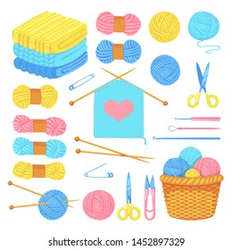 Knitting tools and wool yarn set, isolated on white background. Vector craft and handmade needlework design elements. Fashion hobby flat cartoon icons.