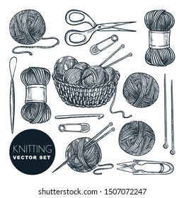 Knitting tools and wool yarn set, isolated on white background. Vector hand drawn sketch illustration. Craft and handmade needlework design elements. Fashion hobby outline icons.