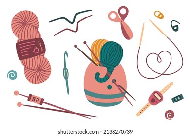 Knitting tools and wool yarn set. Craft and handmade needlework design elements. Vector flat illustration, isolated, cartoon, clipart.