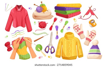 Ferramentas de tricô, bolas de fio, suéteres e acessórios em estilo colorido de desenhos animados em fundo branco. Conceito de artesanato artesanal. Ilustração vetorial