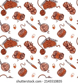 Knitting and tools, yarn. Seamless pattern for fabric, wrapping, textile, wallpaper, apparel. Vector.