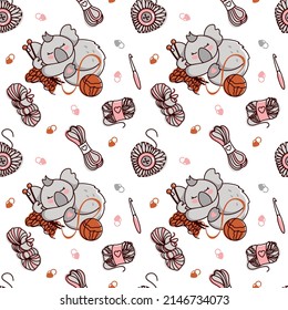 Knitting and tools, yarn. Seamless pattern for fabric, wrapping, textile, wallpaper, apparel. Vector.