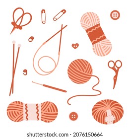 Knitting tools and yarn set.Flat vector graphics.