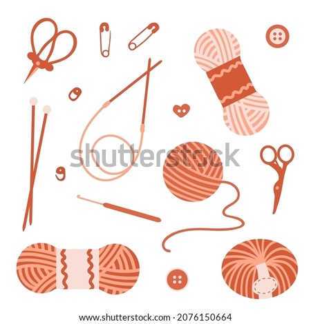 Knitting tools and yarn set.Flat vector graphics.