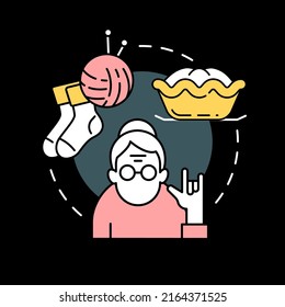 Knitting traditions concept icon for dark theme. Inspirational hobby. Clothes making. Craft and leisure abstract idea thin line illustration. Isolated outline drawing. Editable stroke
