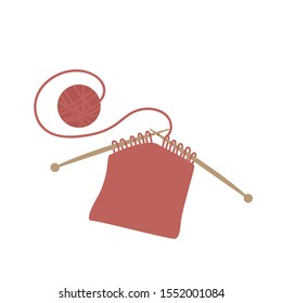 Knitting vector illustration. Flat hand drawn illustration of yarn clew and knitting needles isolated on white. Knitwear, handmade, hobby concept.