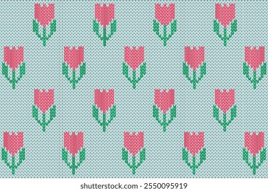 Knitting vector illustration. Floral knitting pattern. Cute tulips seamless pattern. Winter fabric pattern. Pastel background.