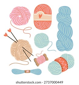 Knitting vector illustration. Set of balls of yarn, knitting needles and floss threads. Hobby clip art in hand drawn style.