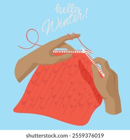 Knitting a vector image. Hands holding knitting needles and knitting.