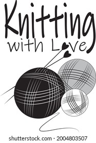 Logo del vector de punto en blanco y negro, que representa una bola de hilo y agujas de tejido