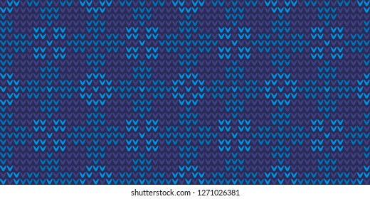 Knitting vector pattern in blue, cerulean colours. Knitted allover vector background for interior, wallpaper, fabric, textile, surface design. Norwegian jumper knitwear motif