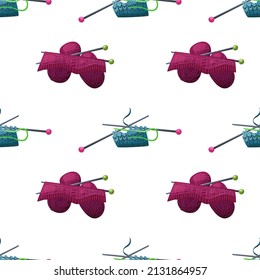 Knitting. Vector seamless pattern on a white background. Bright yarn, design.