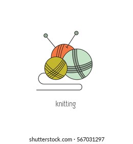 Knitting vector thin line icon. Tangles and knitting needles. Colored isolated symbol. Logo template, element for business card or workshop announcement. Simple mono linear modern design.