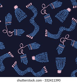 knitting winter accessories. Hand drawn seamless background