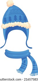 Knitting winter accessories. Kid blue hat and scarf isolated on white background