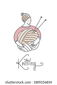 Knitting, a woman with a ball and knitting needles-logo, vector illustration.