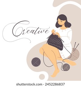 Knitting woman. Vector illustration in modern flat technique of female sitting and knitting clothing.