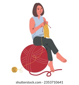 Knitting woman. Young female sitting and knitting. Craft hobby. Vector illustration