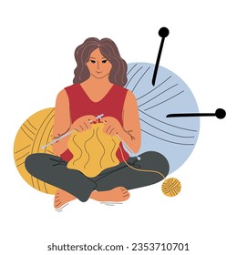 Knitting woman. Young female sitting and knitting. Craft hobby. Vector illustration