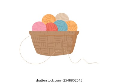 Knitting wool ball and basket, hand drawn knitting tool object, cartoon crochet decoration design, flat tailor supplies element, doodle fashion accessories illustration,