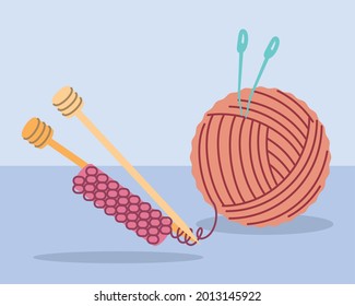 knitting wool ball and needles hobby
