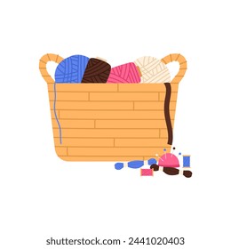 Knitting wool basket. Yarn basket, handmade hobby, handicraft instruments cartoon vector illustration