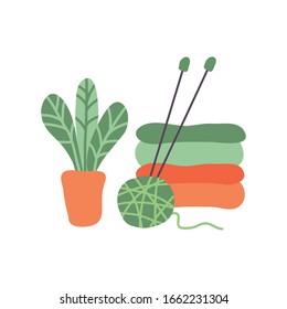 Knitting wool with needles and clothes stack with flower. Vector illustration. Flat design element for card, banner, leaflet, poster.