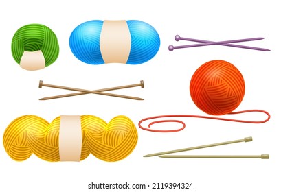 Knitting wool rolls. Yarn cotton strings roll set, woolen knit spool materials isolated on white background, knitted needles and coloured rope threads bobbins vector illustration