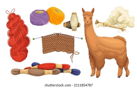 Knitting, wool scarf, wool with wooden spindle, alpaca and wool skeins. Wool knitting concept. Female hobby knitwork, handicraft, hand-knitting and crocheting. Vector illustration.