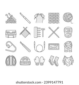 knitting wool thread knit craft icons set vector. textile fabric, yarn handmade, crochet sweater, knitwear fashion, warm cloth cotton knitting wool thread knit craft black contour illustrations