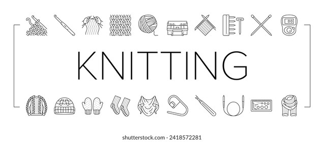 knitting wool thread knit craft icons set vector. textile fabric, yarn handmade, crochet sweater, knitwear fashion, warm cloth cotton knitting wool thread knit craft black line illustrations