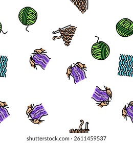 knitting wool thread knit craft vector seamless pattern thin line illustration