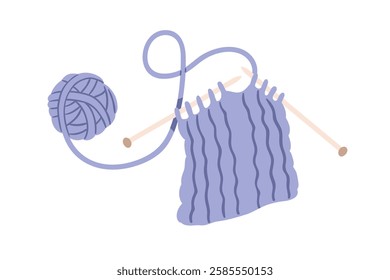 Knitting with wool yarn ball, needles. Cozy woolen handicraft. Making loops for hand-made scarf. Handcraft hobby. Handwork, needlecraft process. Flat vector illustration isolated on white background