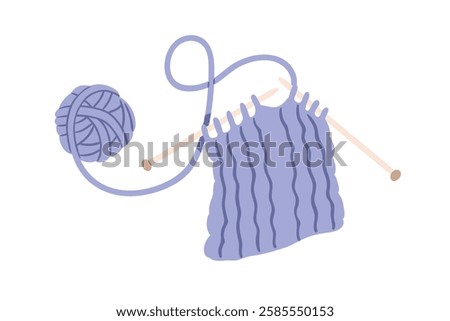 Knitting with wool yarn ball, needles. Cozy woolen handicraft. Making loops for hand-made scarf. Handcraft hobby. Handwork, needlecraft process. Flat vector illustration isolated on white background