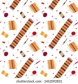 Knitting woolen scarves flat vector seamless pattern. Winter knitwear with folk ornaments hand drawn illustration. Handcraft tools, crochets, pins, yarn balls, thread spools. Wallpaper design