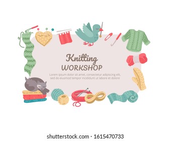 Knitting workshop. Knitting and crochet tools: yarn, needles, pin. Handmade clothes: scarf, mittens and jacket. Colorful horizontal banner. Vector cartoon illustration. Isolated on white