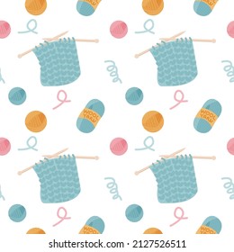 Knitting workshop seamless pattern for handmade goods. Background, backdrop, texture. Concept for wrapping paper, web banner, scrapbooking. Vector illustration