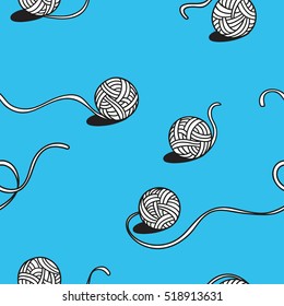 Knitting yarn background. Set of balls of wool on blue background. Seamless vector pattern. Hand drawn style. Wrapping, package, textile design.