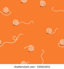 Knitting yarn background. Set of balls of wool on orange background. Seamless vector pattern. Hand drawn style. Wrapping, package, textile design.